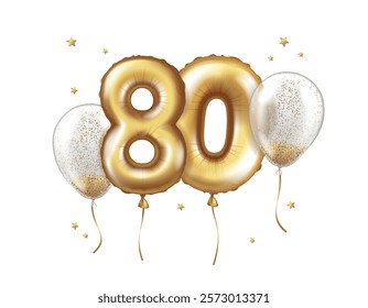 Latex helium balloons made of gold foil and transparent balloons with confetti. Number eighty. Anniversary Realistic vector illustration for birthday