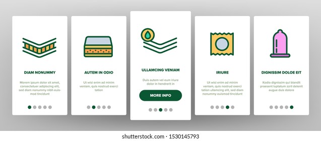 Latex Material Items Onboarding Mobile App Page Screen Vector Icons Set Thin Line. Matress And Washable Cover, Breathable And Memory Foam, Bedding And Pad Linear Pictograms. Contour Illustrations