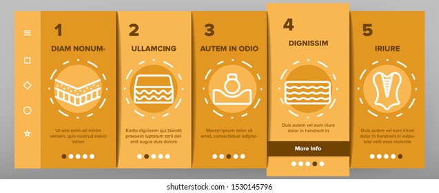 Latex Material Items Onboarding Mobile App Page Screen Vector Icons Set Thin Line. Matress And Washable Cover, Breathable And Memory Foam, Bedding And Pad Linear Pictograms. Contour Illustrations