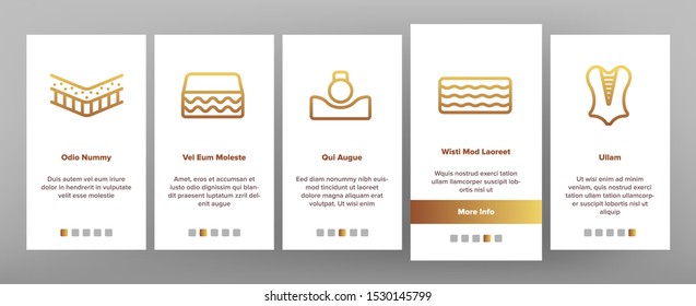 Latex Material Items Onboarding Mobile App Page Screen Vector Icons Set Thin Line. Matress And Washable Cover, Breathable And Memory Foam, Bedding And Pad Linear Pictograms. Contour Illustrations