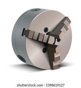 Lathe chuck. 3 jaw scroll chuck. Device for mounting parts or tools on the spindle axis. Vector illustration on white background.