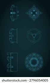 Lathe chuck blueprints mini set, stylized vector illustration