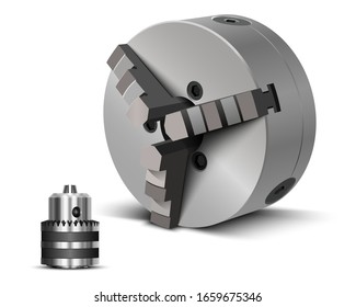 Lathe Chuck. Holder For Drills. Device For Mounting Parts Or Tools On The Spindle Axis. Metalworking Machine Tool Instrument. Vector Illustration On White Background.