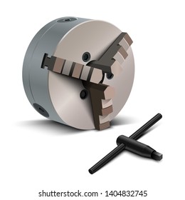 Lathe chuck and key. 3 jaw scroll chuck. Device for mounting parts or tools on the spindle axis. Vector illustration on white background.