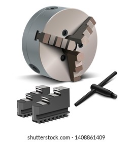 Lathe chuck and key. 3 jaw scroll chuck. Device for mounting parts or tools on the spindle axis. Spare part for lathing machine. Vector illustration on white background.