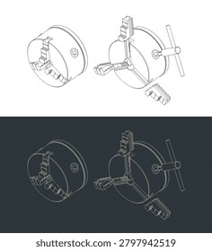 Lathe chuck with a chuck key isometric technical blueprints, stylized vector illustrations