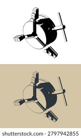 Lathe chuck with chuck key stylized isometric vector illustrations