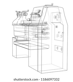 Lathe concept. Vector rendering of 3d. Wire-frame style. The layers of visible and invisible lines are separated
