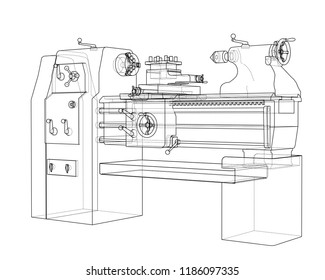 Lathe concept. Vector rendering of 3d. Wire-frame style. The layers of visible and invisible lines are separated