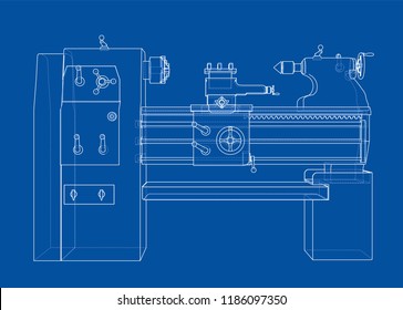 Lathe concept. Vector rendering of 3d. Wire-frame style. The layers of visible and invisible lines are separated