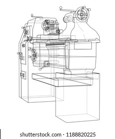 Lathe concept. Vector rendering of 3d. Wire-frame style. The layers of visible and invisible lines are separated