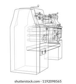 Lathe concept. Vector rendering of 3d. Wire-frame style. The layers of visible and invisible lines are separated