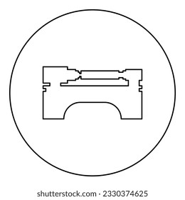 Lathe machine industrial mechanism apparatus manufacturing professional metalworking machining concept icon in circle round black color vector illustration image outline contour line thin style