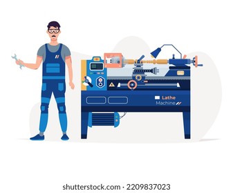 Lathe machine and worker isolated. Carpenter, turner working on the lathe machinery. Engineering, processing of workpiece. Flat vector illustration.