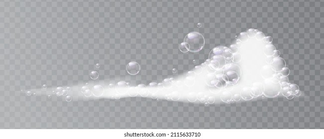 Lather isolated on transparent background. Vector foamy water with bubbles, washing and cleaning products and detergents. Shampoo or shower gel, suds and soap or cosmetics for hygiene illustration