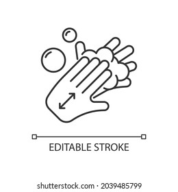 Lathering back of hands linear icon. Rubbing hands together with soap. Proper handwashing step. Thin line customizable illustration. Contour symbol. Vector isolated outline drawing. Editable stroke