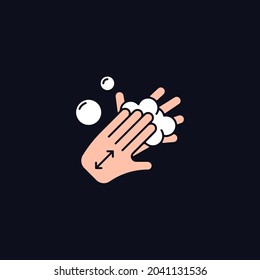 Lathering Back Of Hands RGB Color Icon For Dark Theme. Rubbing Hands With Soap. Covering Palms With Lather. Isolated Vector Illustration On Night Mode Background. Simple Filled Line Drawing On Black