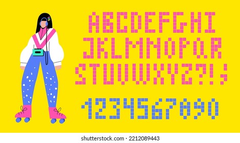 Latin alphabet of the 90s, 80s in retro style. A girl on skates and 8-bit letters. Retro font made of pixels