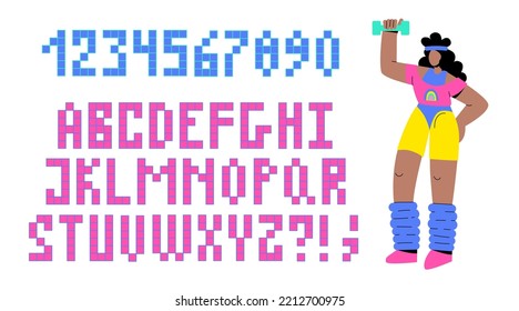 Latin Alphabet Of The 90s, 80s In Retro Style. The Girl Does Aerobics And The Letters Are 8-bit. Retro Font Made Of Pixels