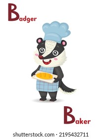 Latin alphabet ABC animal professions starting with b badger baker in cartoon style.