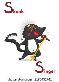 Latin alphabet ABC animal professions starting with letter with s skunk singer in cartoon style.