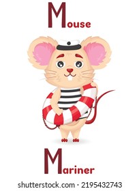 Latin alphabet ABC animal professions starting with letter m mouse mariner in cartoon style.