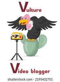 Latin alphabet ABC animal professions starting with letter v vulture video blogger in cartoon style.
