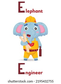 Latin alphabet ABC animal professions starting with e elephant engineer in cartoon style.