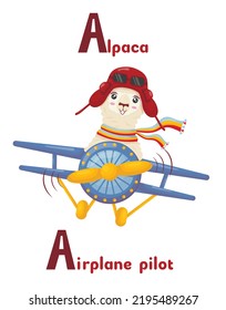 Latin alphabet ABC animal professions starting with a alpaca airpilot in cartoon style.