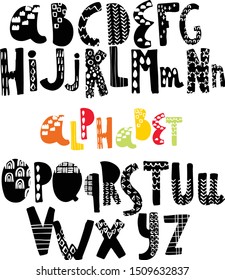 Latin alphabet. ABC. Hand drawn letters with graphic decoration elements. Cute, fun font for kids. Vector. Isolated on white background. Customezed colors. For banners, nursery design for kids.

