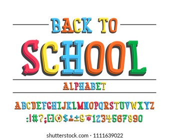 Latin Alphabet - Badge Back To School. Trend Font 2018 Color In Cute Cartoon Flat Style.