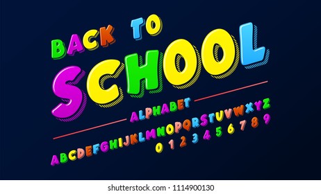 Latin alphabet - badge back to school. Trend font 2018 Color in cute cartoon flat style.