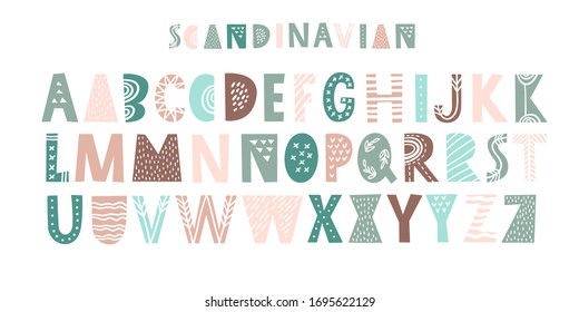 Latin alphabet in cartoon style. Characters in nordic scandinavian style. Cute colorful vector English alphabet, funny hand drawn typeface, ABC uppercase. Good for cards, posters, nursery designs