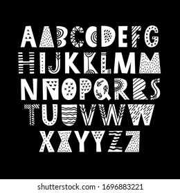 Latin alphabet in cartoon style. Characters in nordic scandinavian style. Cute vector English alphabet, funny hand drawn typeface, ABC uppercase. Good for cards, posters, nursery designs