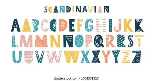 Latin alphabet in cartoon style. Characters in nordic scandinavian style. Cute colorful vector English alphabet, funny hand drawn typeface, ABC uppercase. Good for cards, posters, nursery designs