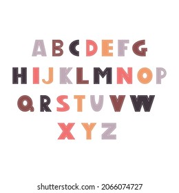 Latin alphabet in cartoon style. Letters in nordic Scandinavian style. Cute colorful vector English alphabet, funny hand drawn typeface, ABC uppercase. Good for cards, posters, nursery designs.
