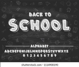 Latin alphabet chalk - badge back to school. Trend font 2018 Color in cute cartoon flat style.