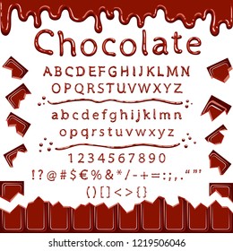 Latin alphabet decorated with the melted chocolate border and the chocolate bar. Liquid font style and pieces of broken chocolate. Color fill isn't the gradient. Vector illustration. EPS 8.