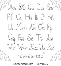 Latin alphabet. Decorative lowercase and uppercase fonts. Handwritten letters with curly details. Vector set includes numbers from 0 to 9. Could be used for romantic postcards, wedding invitation, etc