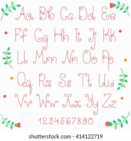 Latin alphabet. English decorative uppercase and lowercase fonts. Handwritten letters with curly details. Set includes numbers 0 to 9. Could be used for romantic postcards, wedding invitation, etc.