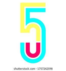 Latin alphabet, Font in the Disco style, bright multi-color number five, vector illustration 10EPS