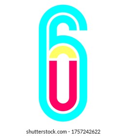 Latin alphabet, Font in the Disco style, bright multi-color number six, vector illustration 10EPS