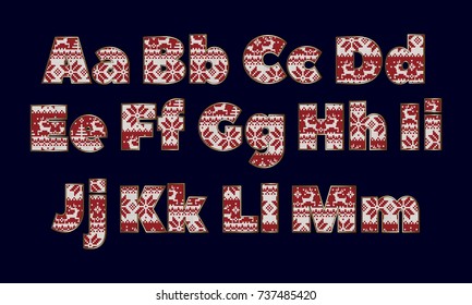 Latin alphabet, font with geometric knitted Christmas ornament. part 1