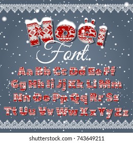 Latin alphabet, font with geometric knitted Christmas ornament.