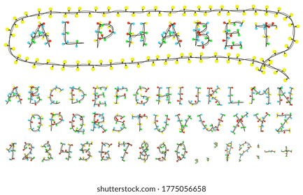 Latin alphabet with a garland isolated on white. Multi-colored light bulbs on wires. For Christmas and other holidays. Vector EPS 10.