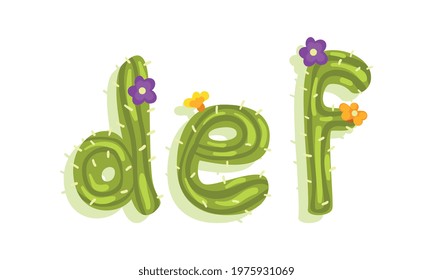 Latin Alphabet of Green Cactus with Blooming Flowers Vector Set