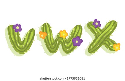 Latin Alphabet of Green Cactus with Blooming Flowers Vector Set