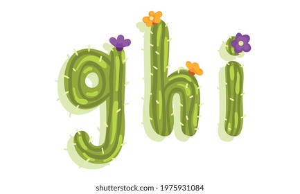 Latin Alphabet of Green Cactus with Blooming Flowers Vector Set