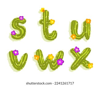 Latin Alphabet of Green Cactus with Blooming Flowers and Lowercase Letters Vector Set