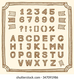 Latin alphabet, hand drawn pen ink.  Vintage style, retro sketchy set with frame and flags. Letters, numbers and punctuation marks. Suitable for my sale and discount collection and hand drawn devices.
